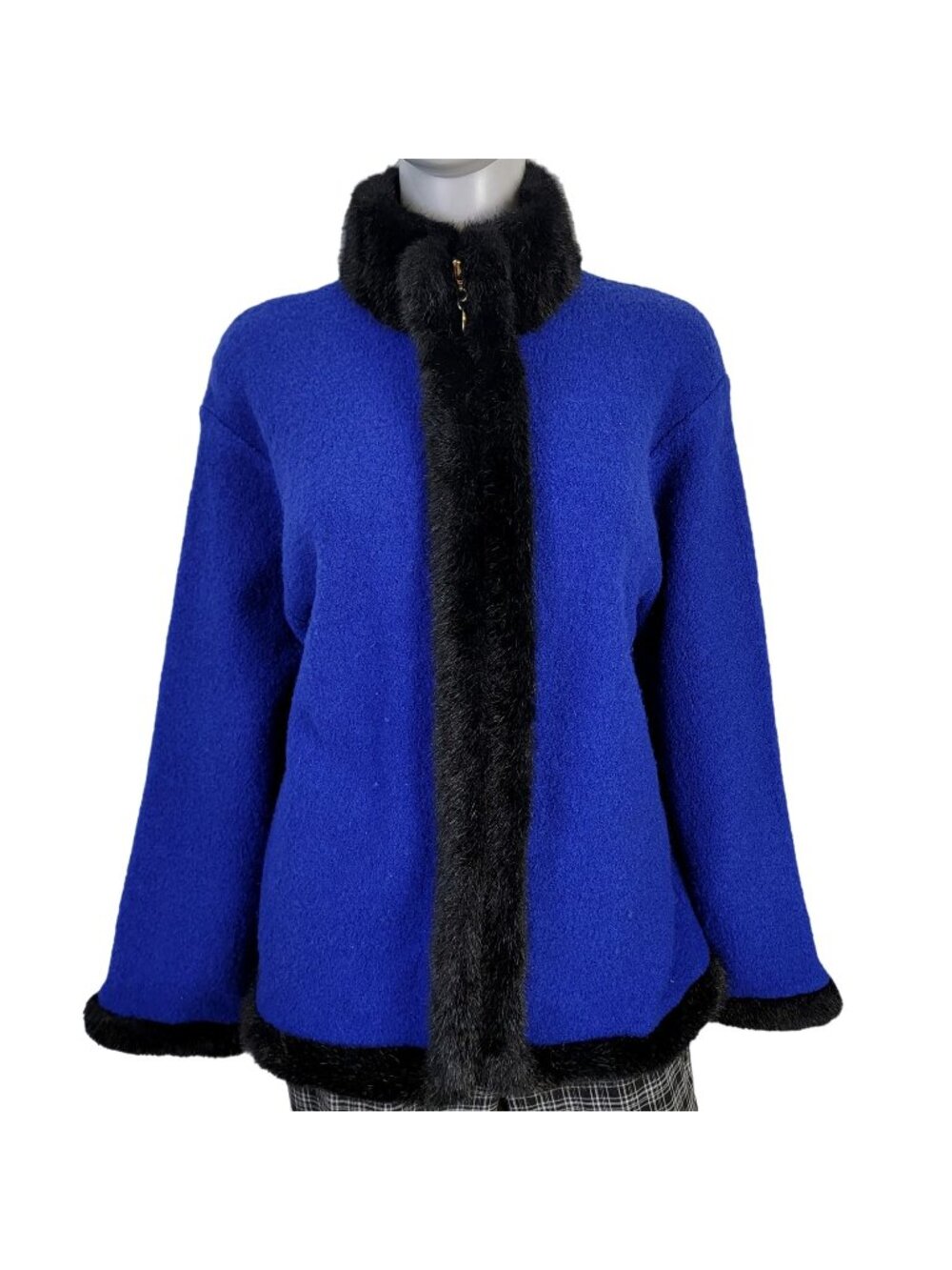 Vintage 80s Wool Jacket Women Large Blue Black Faux Fur Trim Coat Zip 12 Winter